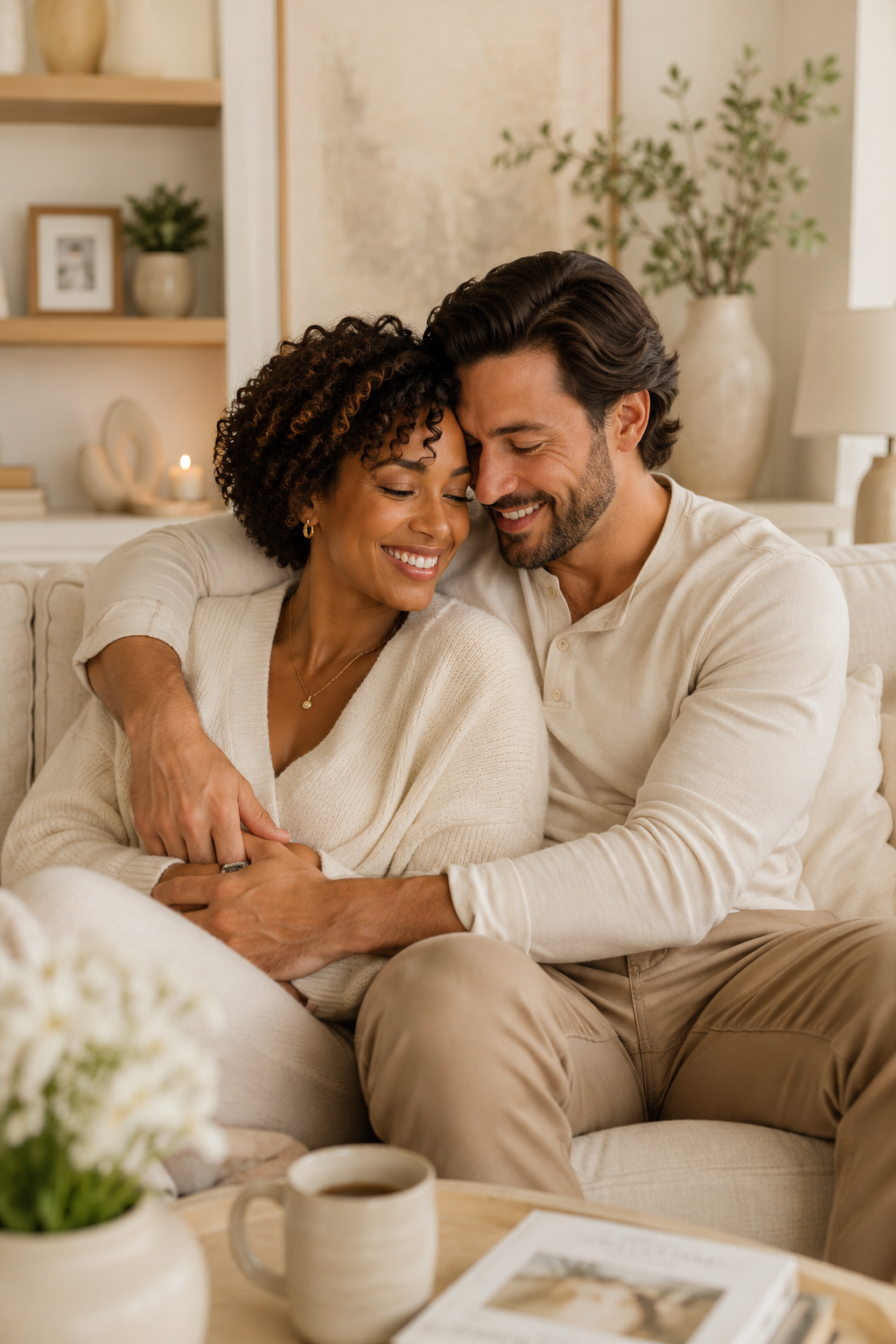 Joyful couple embracing at home