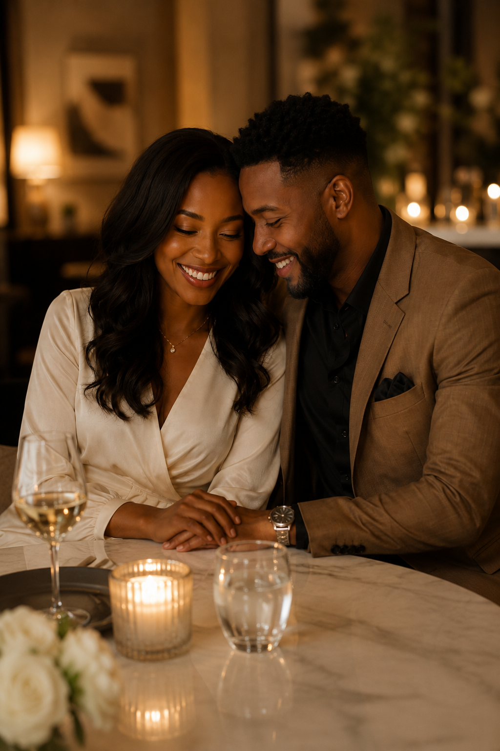 Couple sharing an intimate, joyful moment on a date