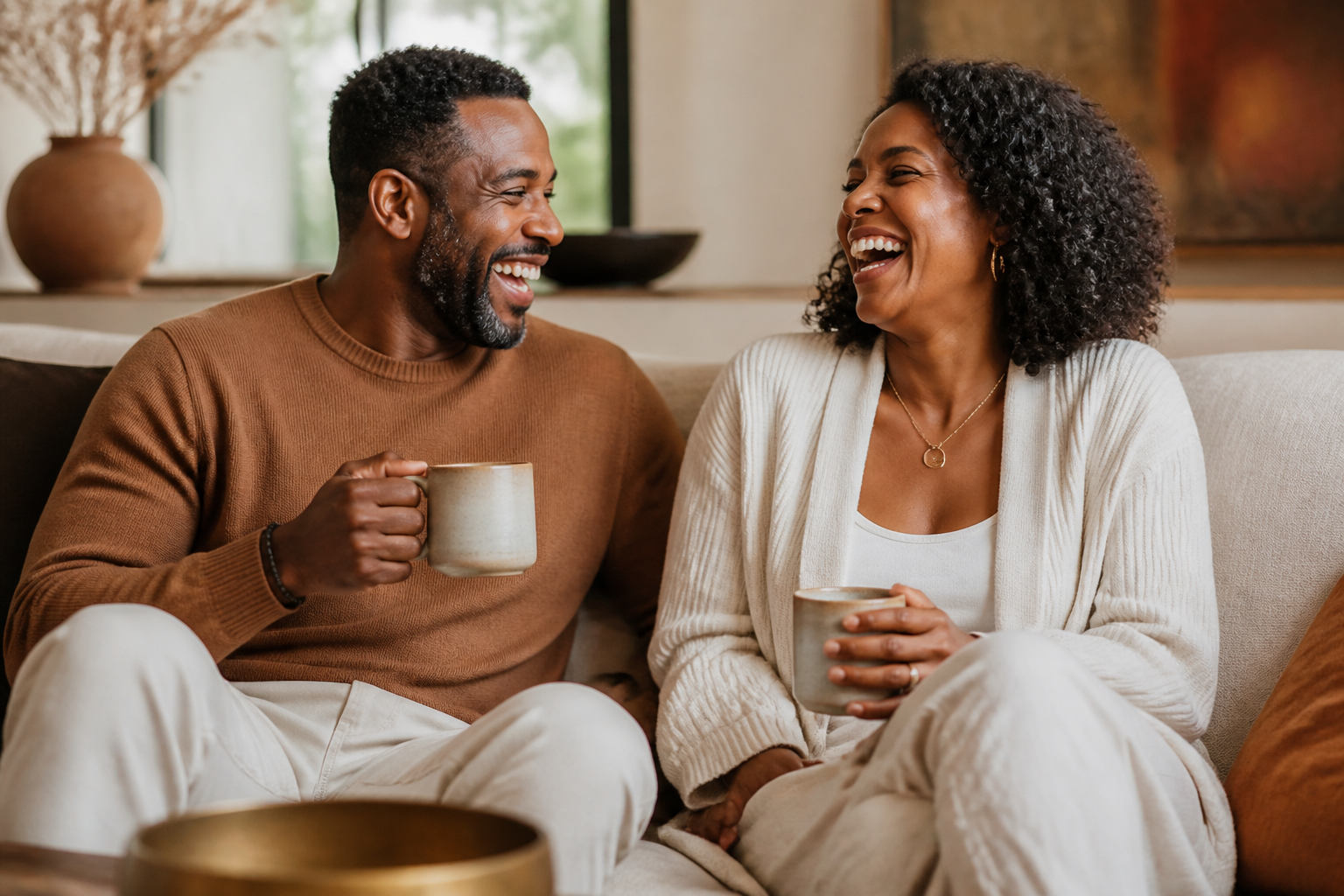 Two emotionally healthy adults laughing together at home